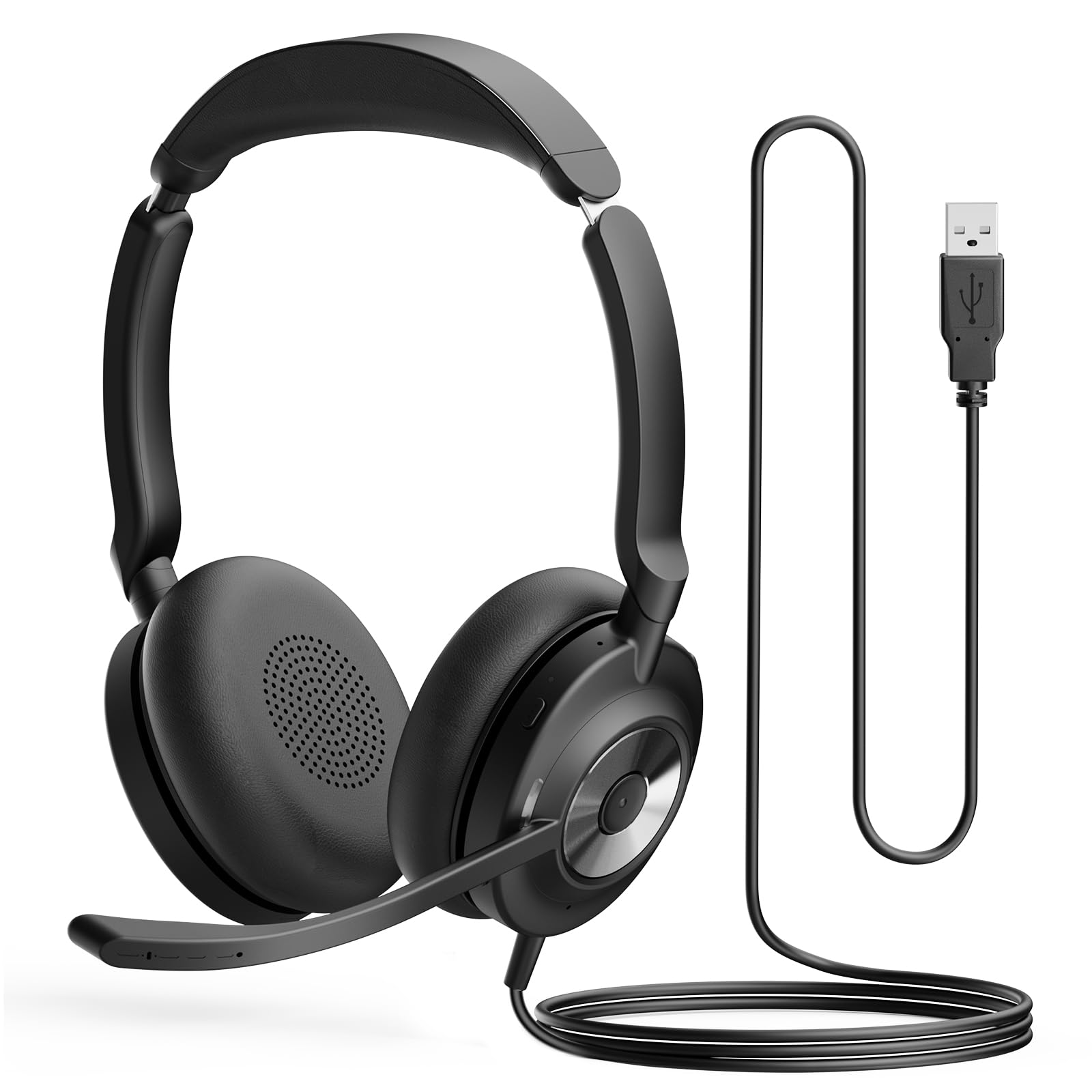 Cuffie USB cablate con cancellazione attiva del rumore e microfono ENC per PC, cuffie da ufficio ibride con riduzione del rumore a 4 microfoni, cuffie per computer on-ear con pulsante mute, per call