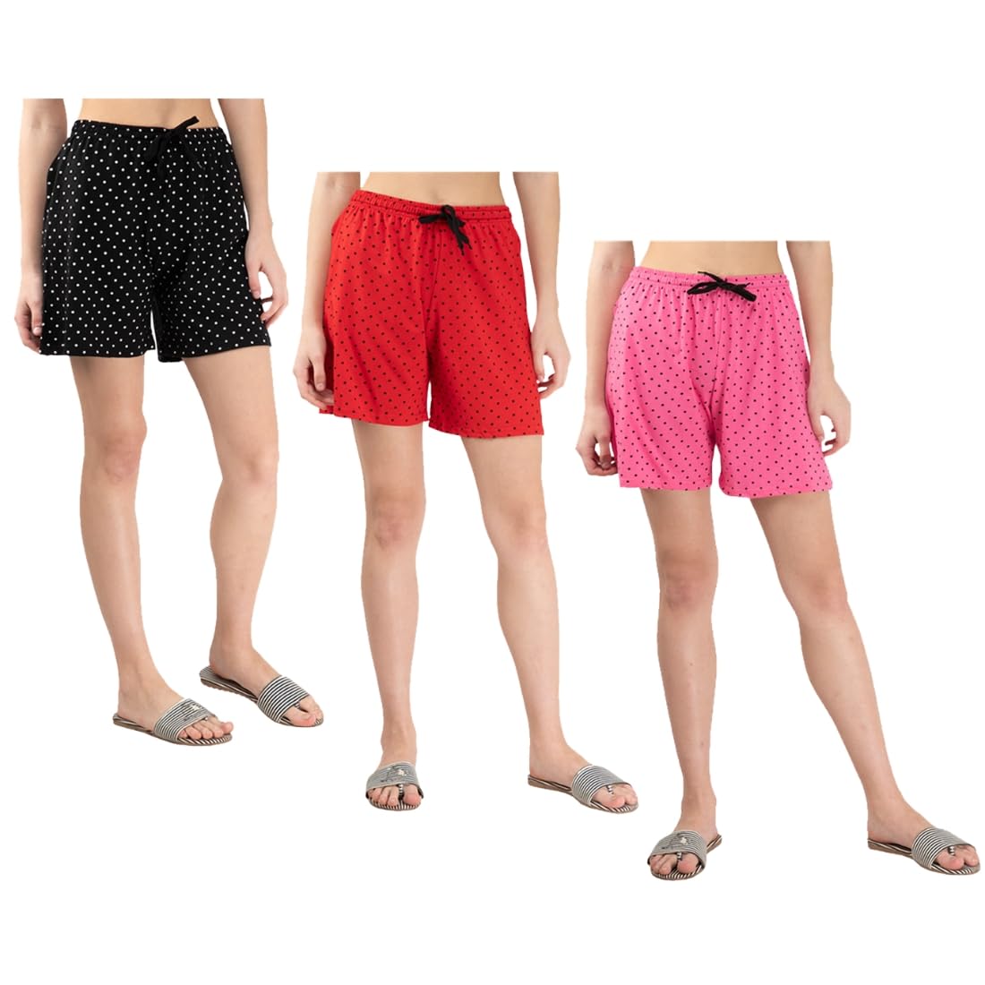 kayu Pack of 3 Women’s Polka Dot Printed Shorts with Drawstring Waist – Comfortable Casual Lounge Wear, Breathable Fabric, Stylish Summer Sleepwear Shorts for Women-picture-38