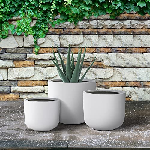 Kante 13",11",9" Dia D Pure White Concrete Round Planters (Set Of 3), Outdoor Indoor Modern Planter Pots, Lightweight, Weather Resistant, Seamless With Drainage Hole #TOP4