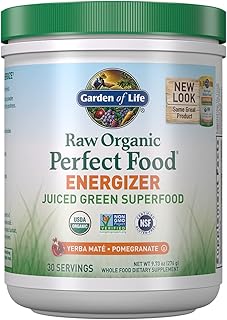Garden of Life Raw Organic Perfect Food Energizer Juiced Green Superfood Powder - Yerba Mate Pomegranate, & Probiotics, Gluten Free Whole Food Greens Supplements, 30 Servings, 9.73 Oz