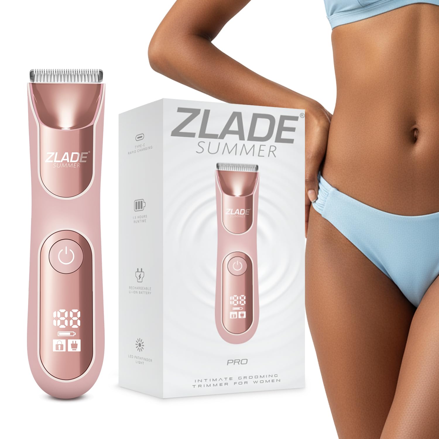 Zlade Summer PRO Bikini Trimmer For Women | Private parts, Underarms, Arms, Legs & Body | Soft Ceramic Blades | No Nicks or Cuts, No Skin Irritation | USB C Fast Charging, 90mins Runtime | Fully Waterproof and Silent