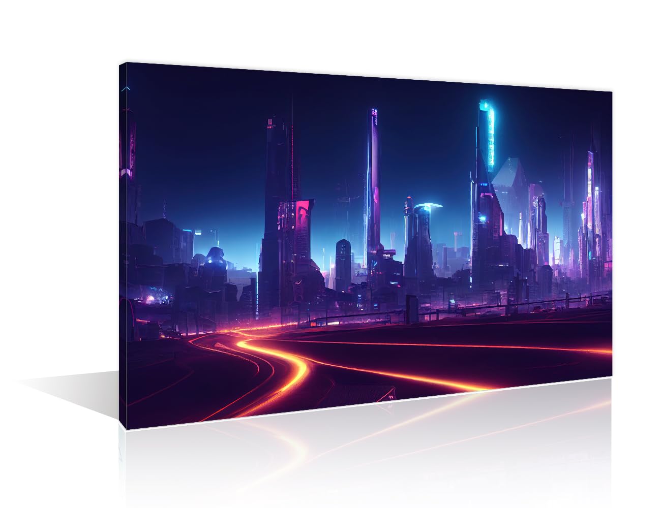 Cyberpunk Neon City Night Picture for Living Room Cyberpunk Futuristic City Panorama Painting Wall Art Pictures 1 Panel Prints on Canvas Modern Home Decor Giclee Framed Ready to Hang Gift, (24"Wx36"H)