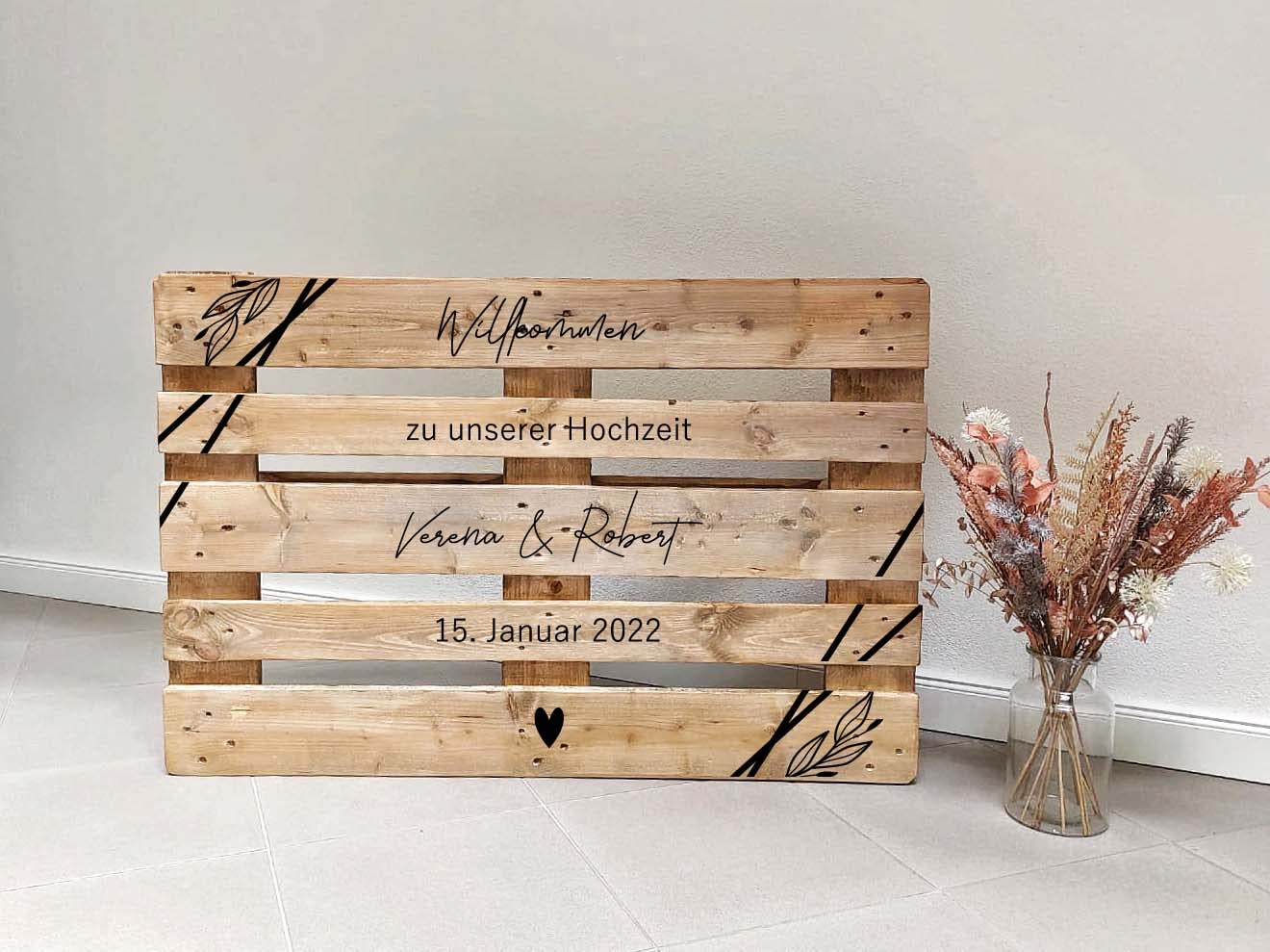 Palettenaufkleber personalisiert - Willkommen Schriftzug - Aufkleber Hochzeit 6 Designs | Hochzeitsaufkleber | Willkommensschild Hochzeit | Euro-Palette