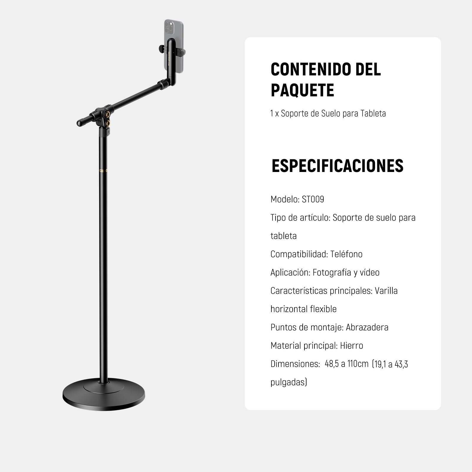 NEEWER BASICS ST009 - Soporte de suelo para teléfono con brazo de extensión horizontal, soporte ajustable para teléfono de cama compatible con iPhone 16 15 Pro Max Plus Samsung para grabación de video