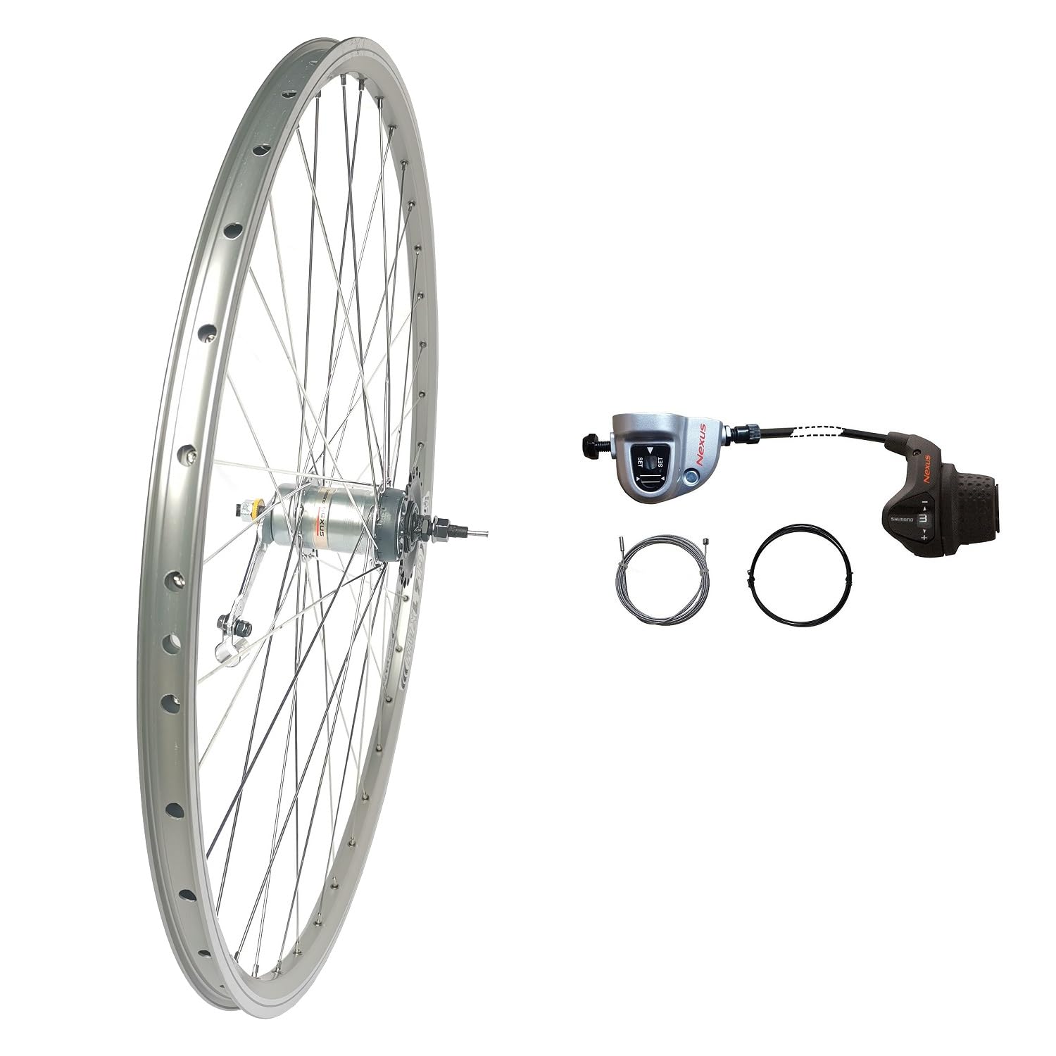28 Zoll Hinterrad Silber Alu Hohlkammerfelge 36 Loch Geöst, NIRO Speichen, mit Ersatznabe für Shimano Nexus 3-Gang Schaltwerk. inkl. Einbauteile