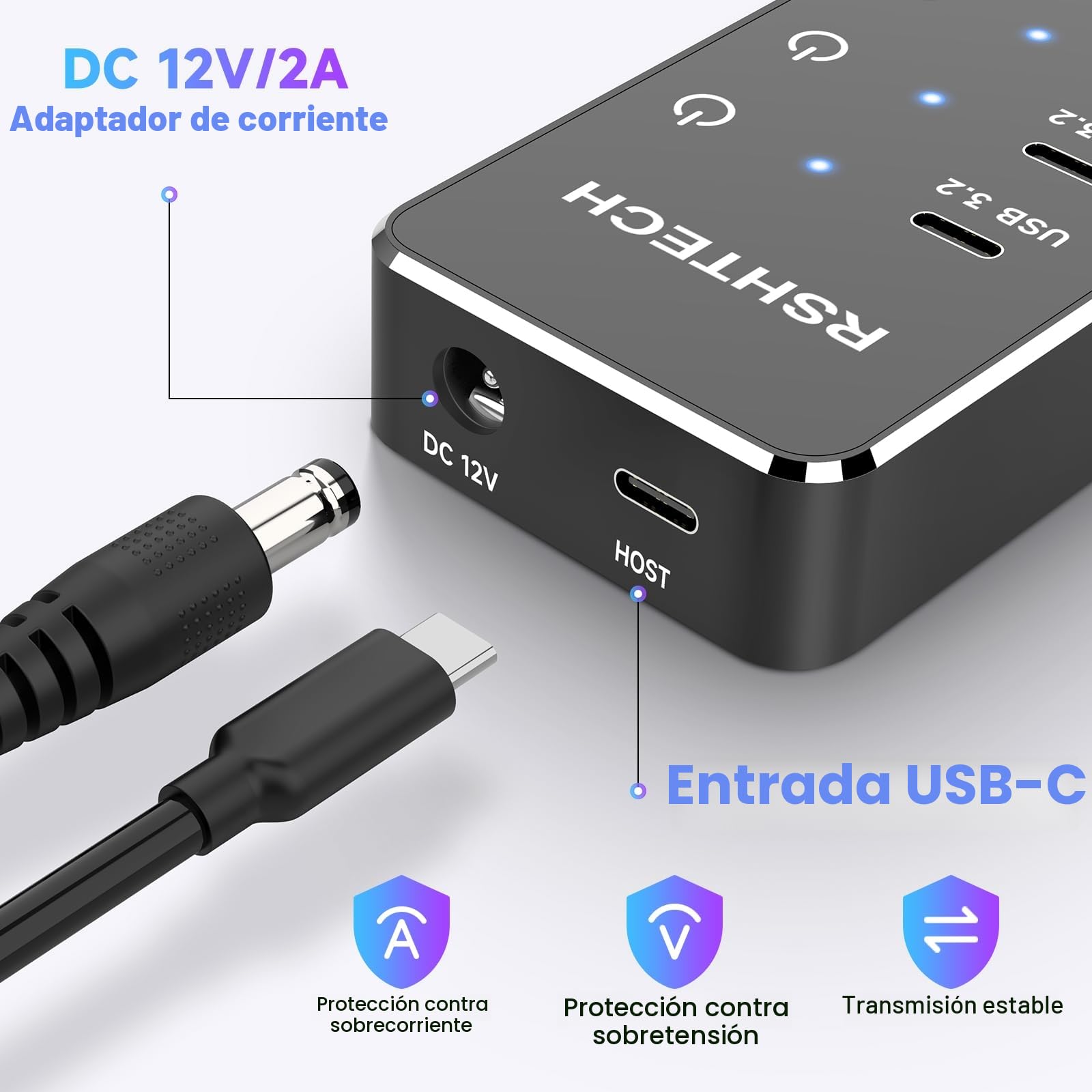 Hub USB Alimentado, RSHTECH 10 Puertos Hub USB 3.2/USB C con 3X 10Gbps Data Port (2C+1A), 7X 5Gbps 3.0 Ports (4C+3A), Alimentación 12V/5A 60W, Interruptores Individuales USB HUB, RSH-ST10C-6