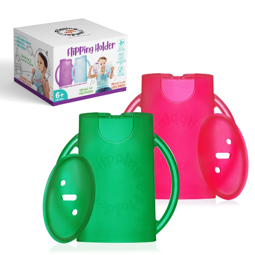 Flipping Holder DELUXE with lid for Food Pouches & Juice Boxes - Multipurpose Design with Cover - Prevent Messes & Support Self-Feeding - Handles for Easy Grasping - Made in USA (Green/Pink (2-Pack))-image-42