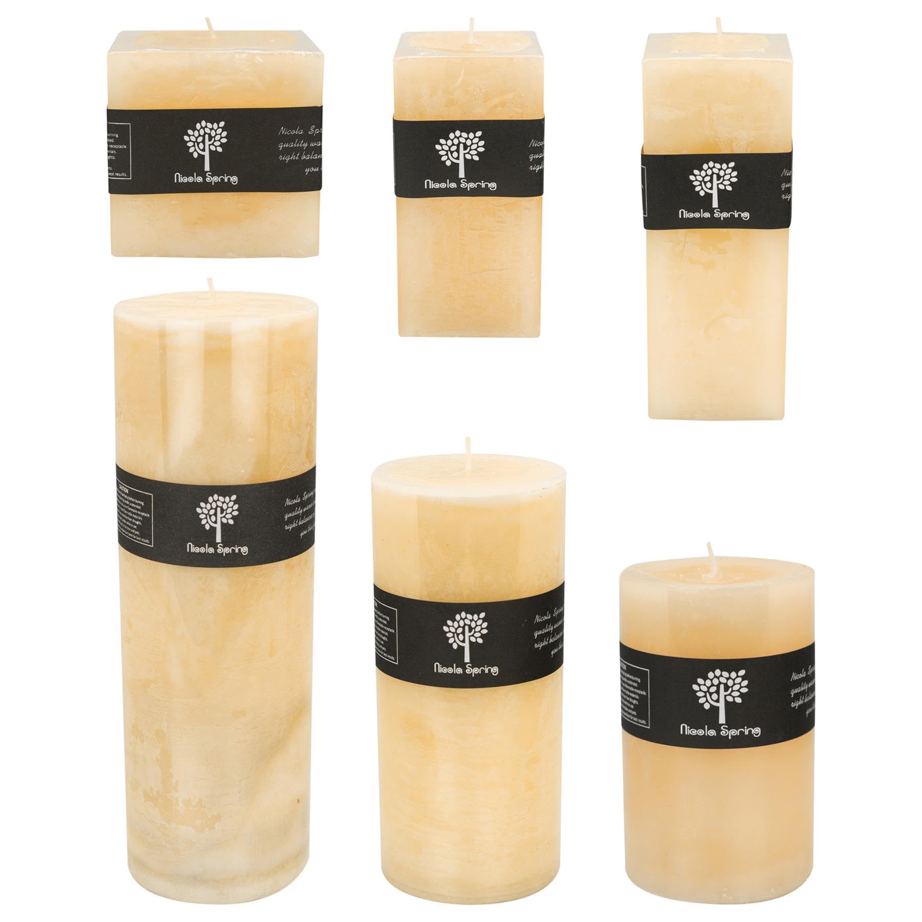Nicola Spring Vanilla Pillar Candles - Pack of 6 - Cream - 6 Sizes