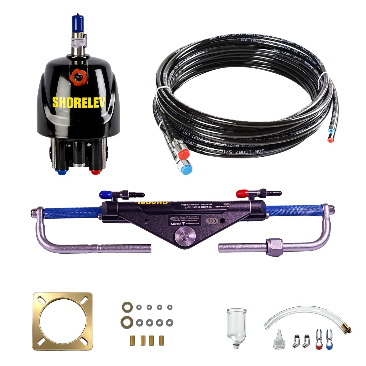 Hydraulic Steering Kit for Boats up to 150HP, Hydraulic Steering for Boats 1000PSI Pump &amp; Cylinder with 2x26ft Hoses &amp; Fittings for Outboard Marine Systems