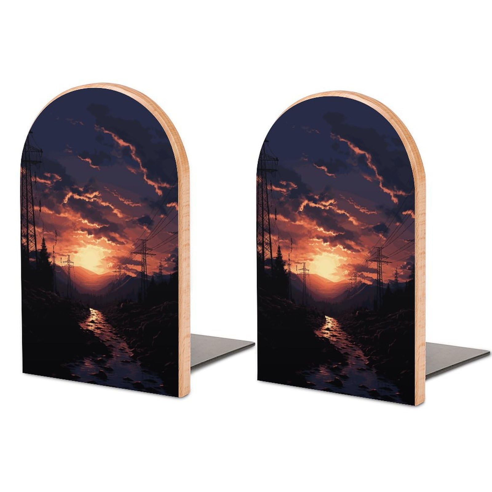 Dusk Scenery Bookend Modern Bookends for Shelves Non-Skid Book Holder Heavy Duty Metal Book Storage for Books CDs Decorative Book Stopper for Home