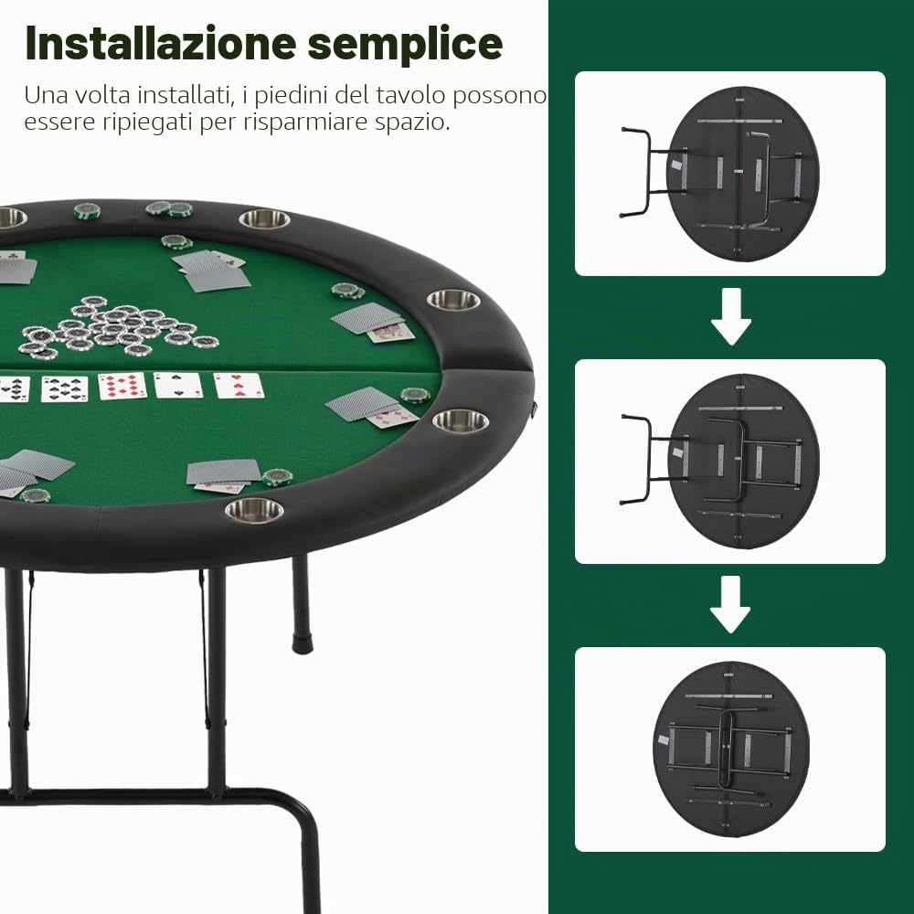 Mingone Tavolo da Poker Pieghevole, 8 Posti con Portabicchieri, Tappeto in Feltro, per Texas Hold'em, Blackjack e Giochi da Casinò a Casa (Green, Cerchio)