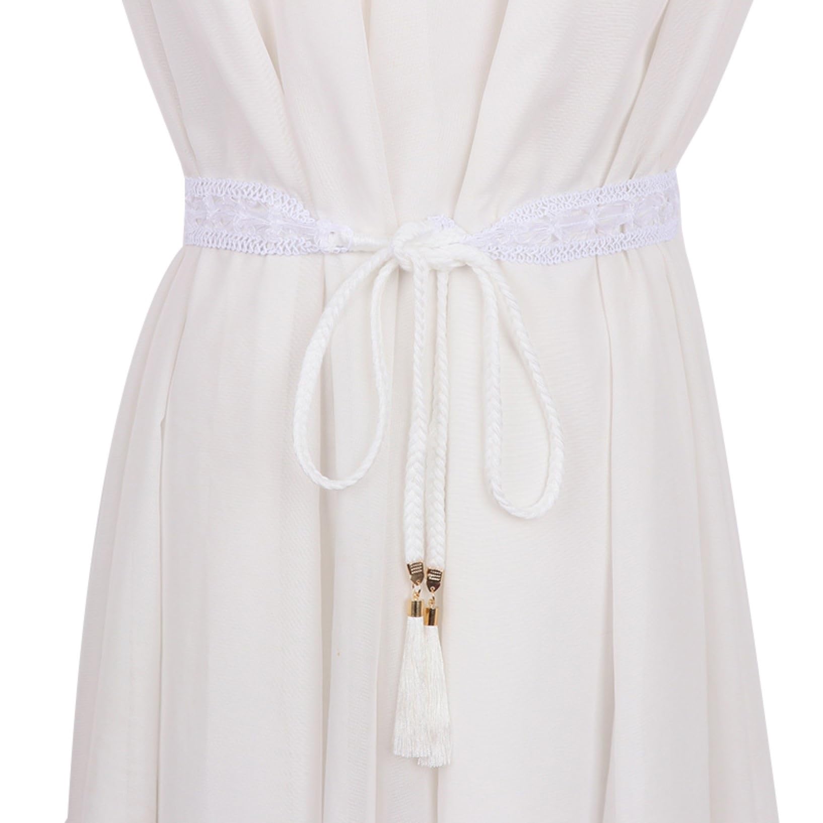 TQQEPOOL Women's Bohemian Style Rope Braid Waist Belt,Braided Woven Belts With Tassels For Dresses Jeans Pants(White)