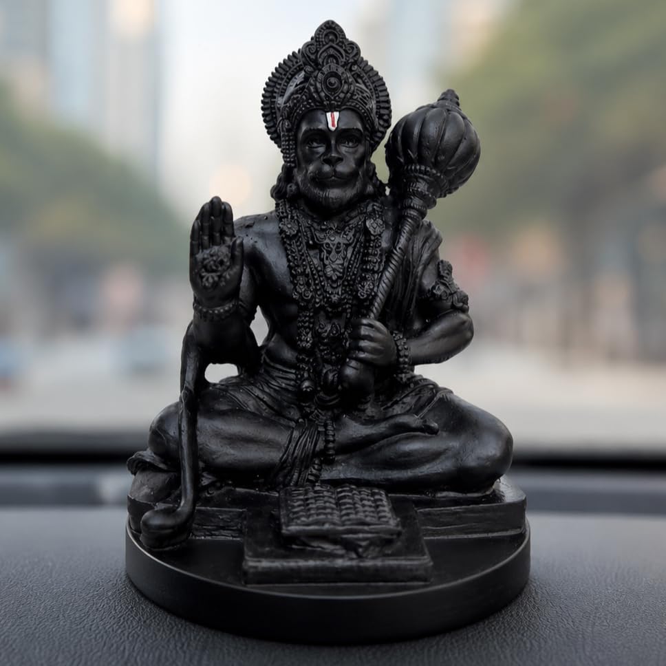 Image of RIANZ Resin Hanuman Ji Idol for Car Dashboard, Home & Office Desk - Bajrang Bali Murti for Protection from Negative Energy, Good Luck, Success and Prosperity (Black), 9 cm