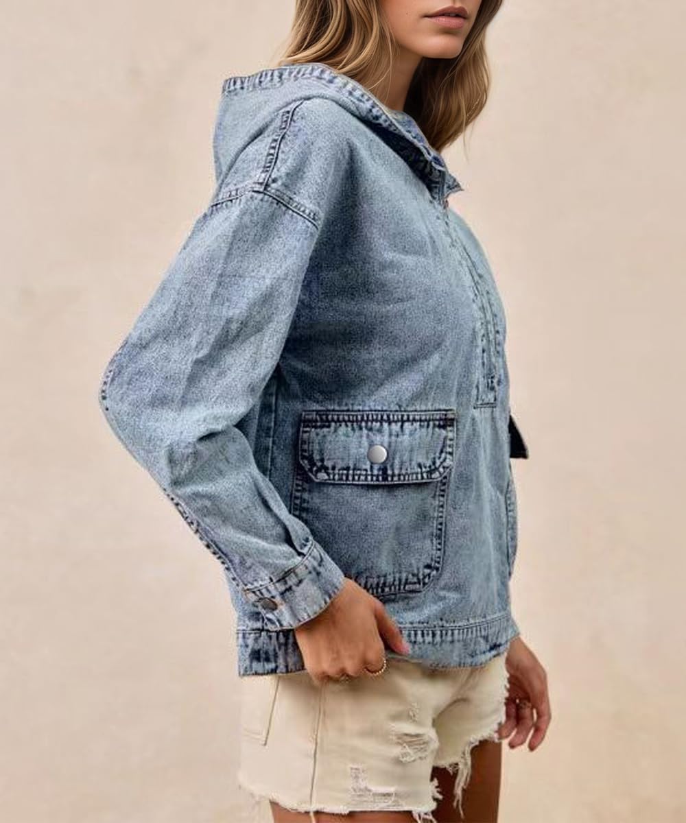 Felpe con Cappuccio in Denim alla Moda da Donna Felpa Loose Fit Manica Lunga Mezza Zip Girocollo Pullover Giacche