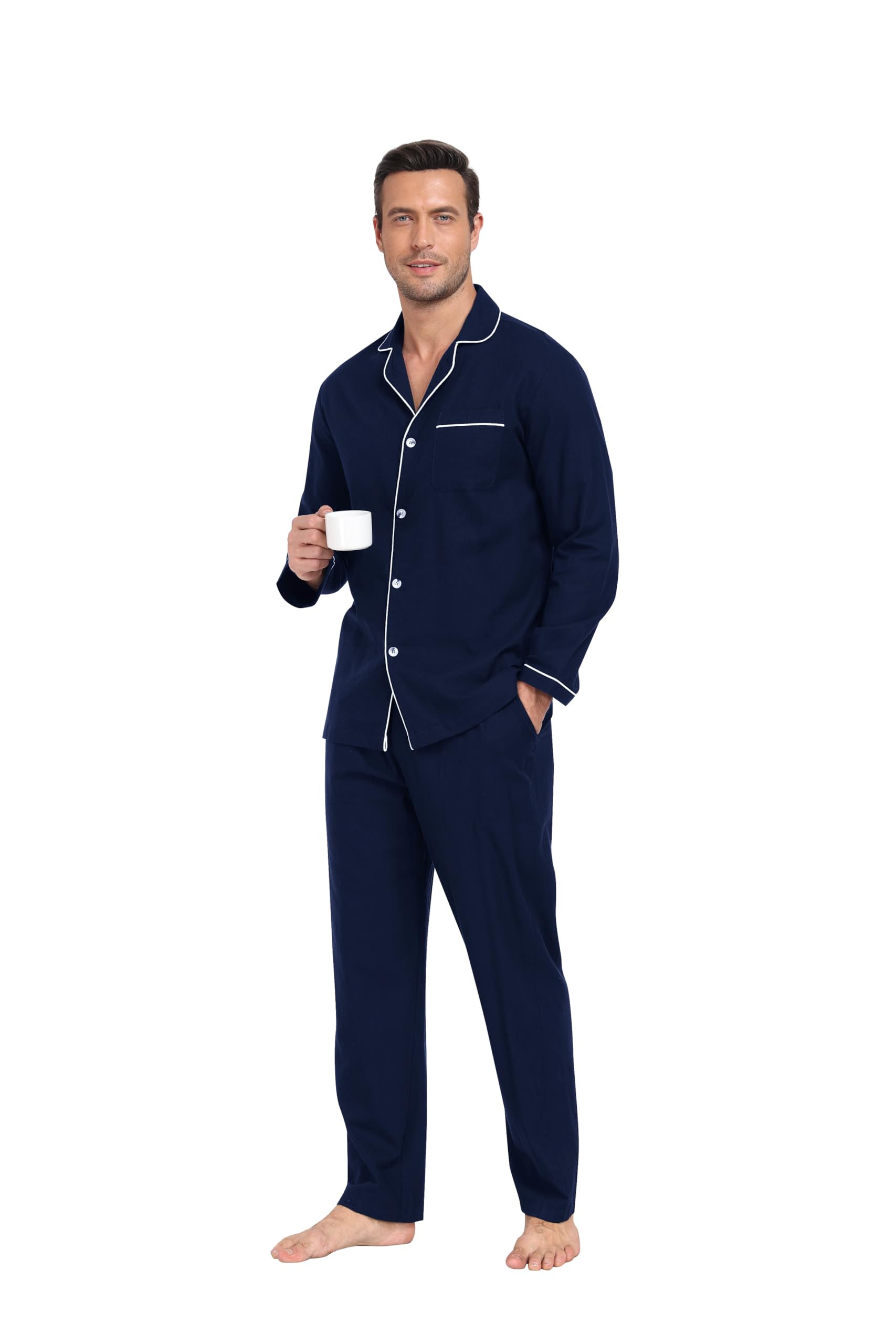 MoFiz Pyjama Homme Coton Ensemble de Pyjamas Col V avec Boutons Hiver Long Vêtements de Nuit Manche Longue Hauts et Pantalon de Pyjama