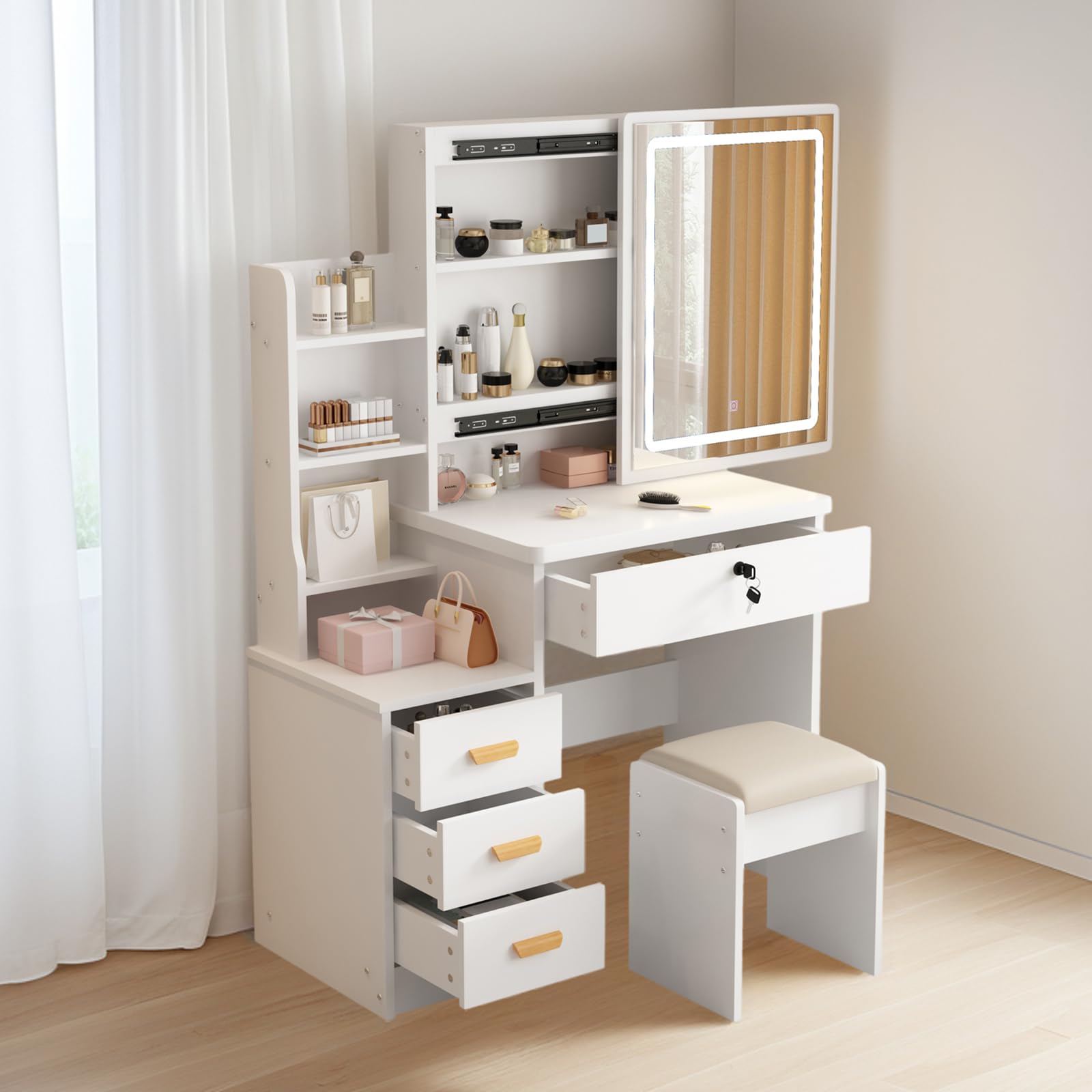 Coiffeuse, Miroir Avec LED à Luminosité Réglable, 2 Tiroirs Et 3