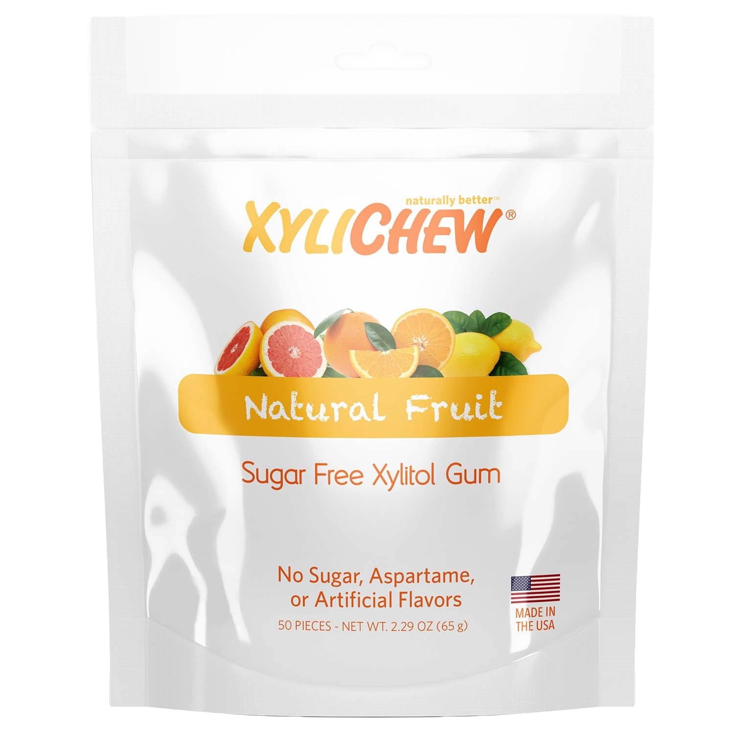 Xylichew Xylitol Chewing Gum - Non GMO, Zero Aspartame, Gluten Free, Sugar Free Gum - Natural Oral Care, Relieves Bad Breath and Dry Mouth - Fruit, 50 Count