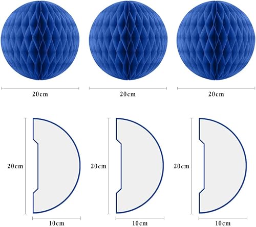Miniatura 17 de Abanico de papel para decoraciones, bolas de papel de panal de papel para decoración de fiestas, juego de 3 abanicos de papel azul para decoración 3