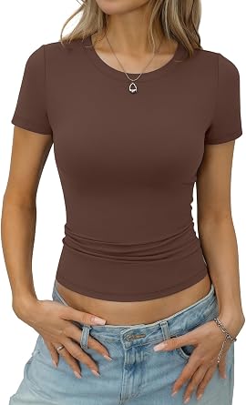 Eachyes Womens Short Sleeve Tops Summer Basic Crewneck Fitted T Shirts