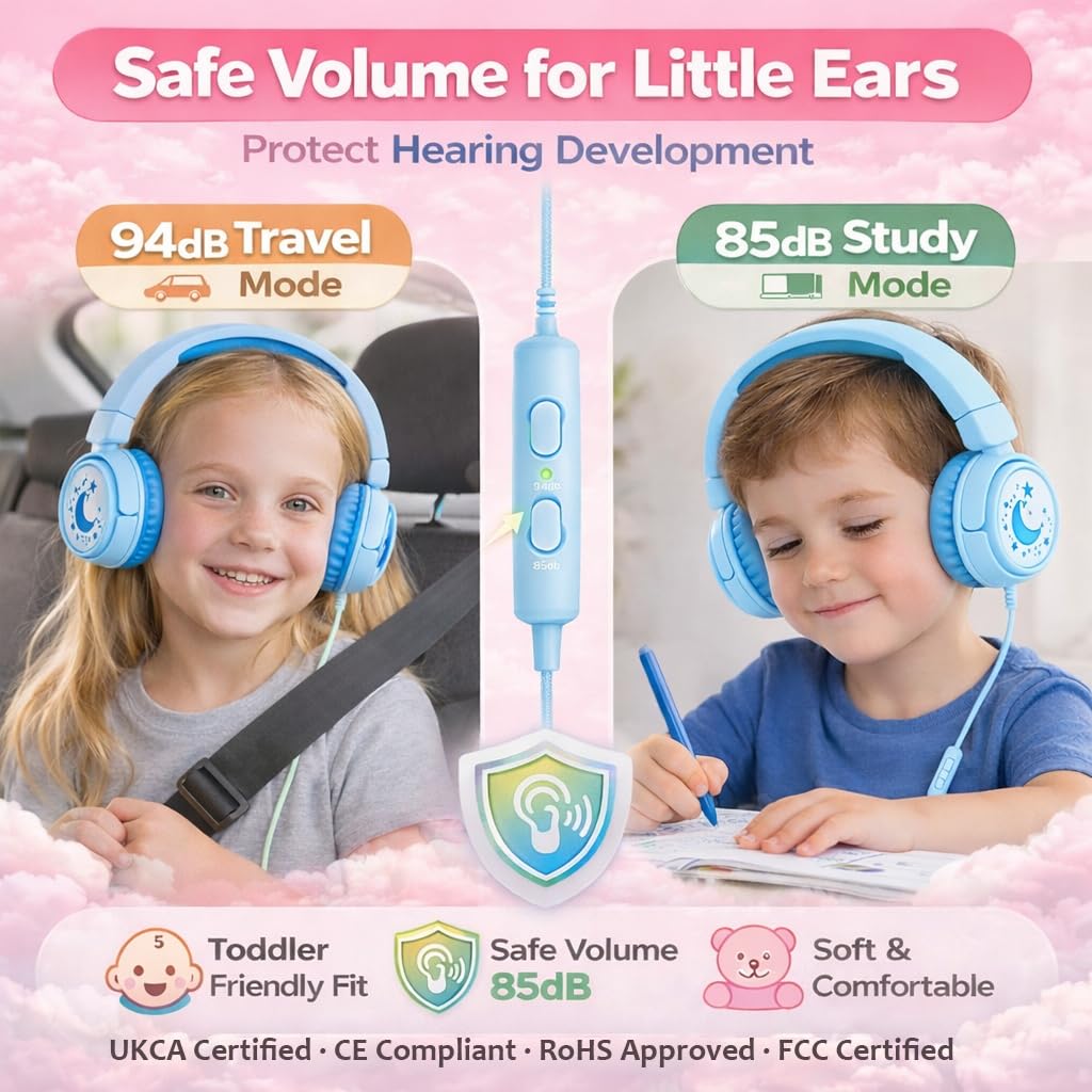 K6 - Cuffie per bambini per la scuola, limite di volume 85/94 dB, cuffie cablate per bambini, jack da 3,5 mm, pieghevoli, con microfono, cuffie per smartphone, iPad, tablet, aereo, viaggi (ciano)