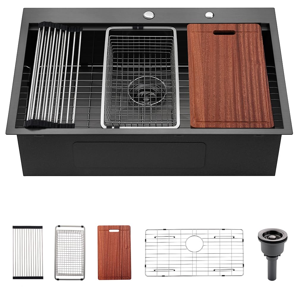 33 Black Drop In Workstation Kitchen Sink, Dorzom 33x22x10 Black Stainless Steel Topmount 16 Gauge Deep Single Bowl Workstation Kitchen Sink with Accessories