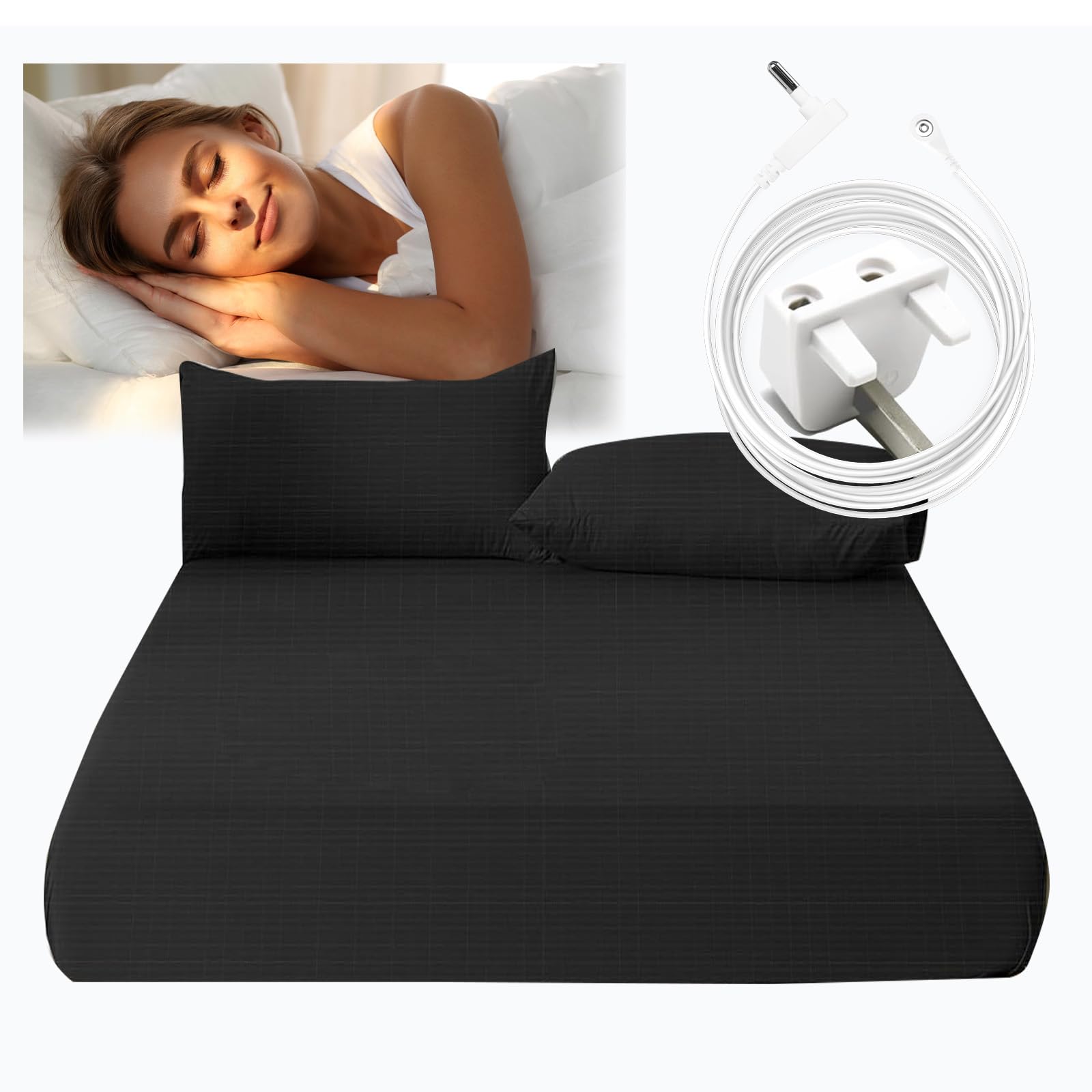 RIQINXIN Grounding Fitted Sheets Improve Sleep 90x 190x 35cm Grounding Mat Earthing uk Grounding Sheets with 90% Organic Cotton + 10% Pure Silver Fiber Fitted Earth Sheets with Grounding Cord Black