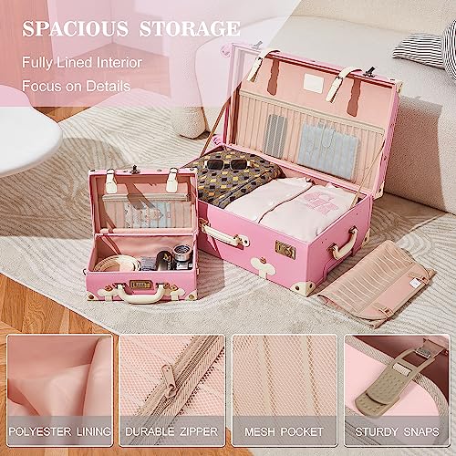 Image of UNIWALKER Vintage Pink Suitcase Set, 3 Piece Retro Trunk Luggage with Spinner Wheels TSA Lock and Cosmetic Train Case for Women, 26 inch+20 inch+12 inch