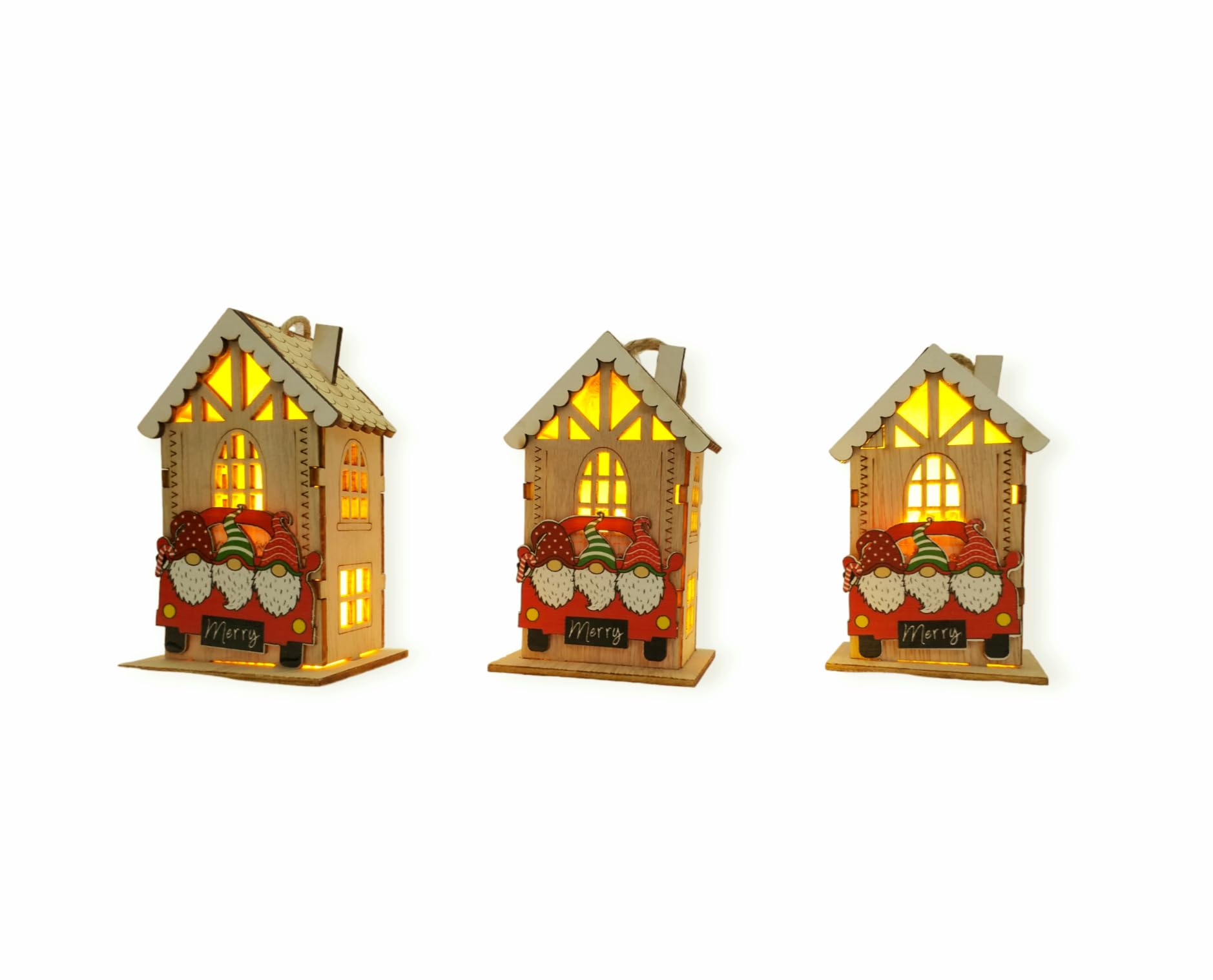 FAM 3pcs Christmas Tree Hanging Decorations - Light Up Gnome Tree Decoration - Log Cabin Christmas Collection Luminous - Christmas Ornaments