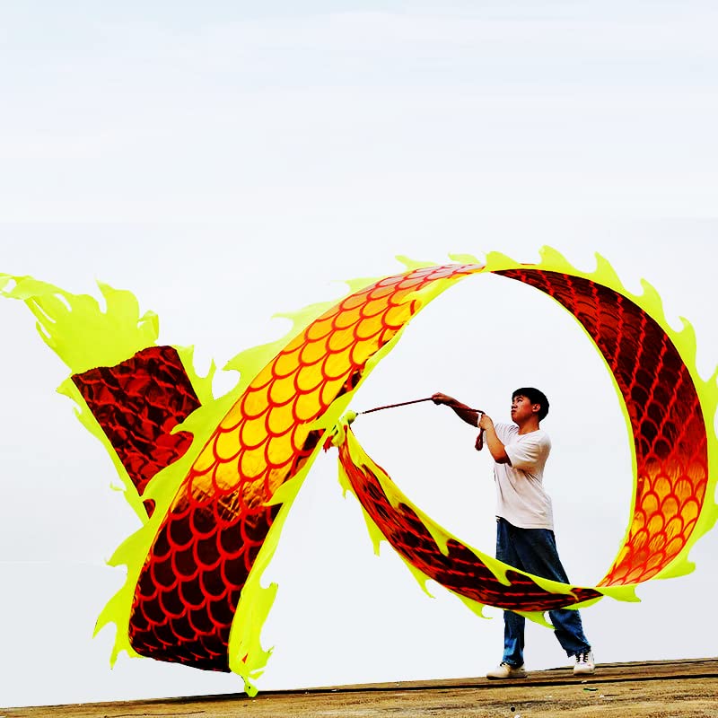 DSJUGGLING 3D Dragon Poi with 340g Weighted Ball & 1.1 Meters Swing Rope - Silk Flowy Shaking & Flinging Chinese Golden Dragon Ribbon Streamer + Travel Bag! (8 Meters (26.2 FT), Golden Gold Dragon)