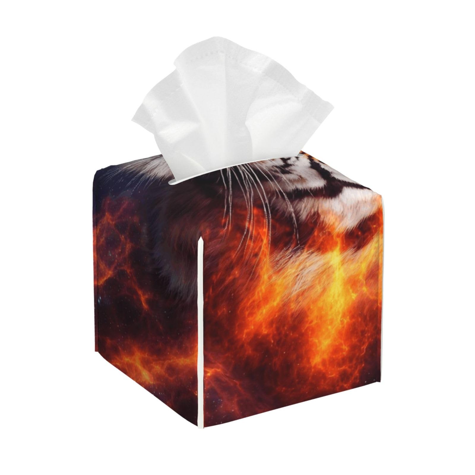 Space Fire Flame Animal King Wild Angry Tiger Leather Tissue Box Cover Holder Square Facial Paper Organizer 5.2" X 5.2" X 5.2"