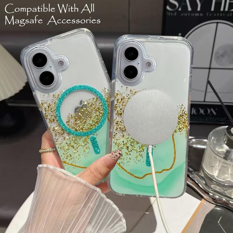 Image of mobistyle Compatible with iPhone 16 | Magentic Glitter Gradian Elegant | Camera Lens Protection Back Cover Case for Women Girls iPhone 16 (Green)