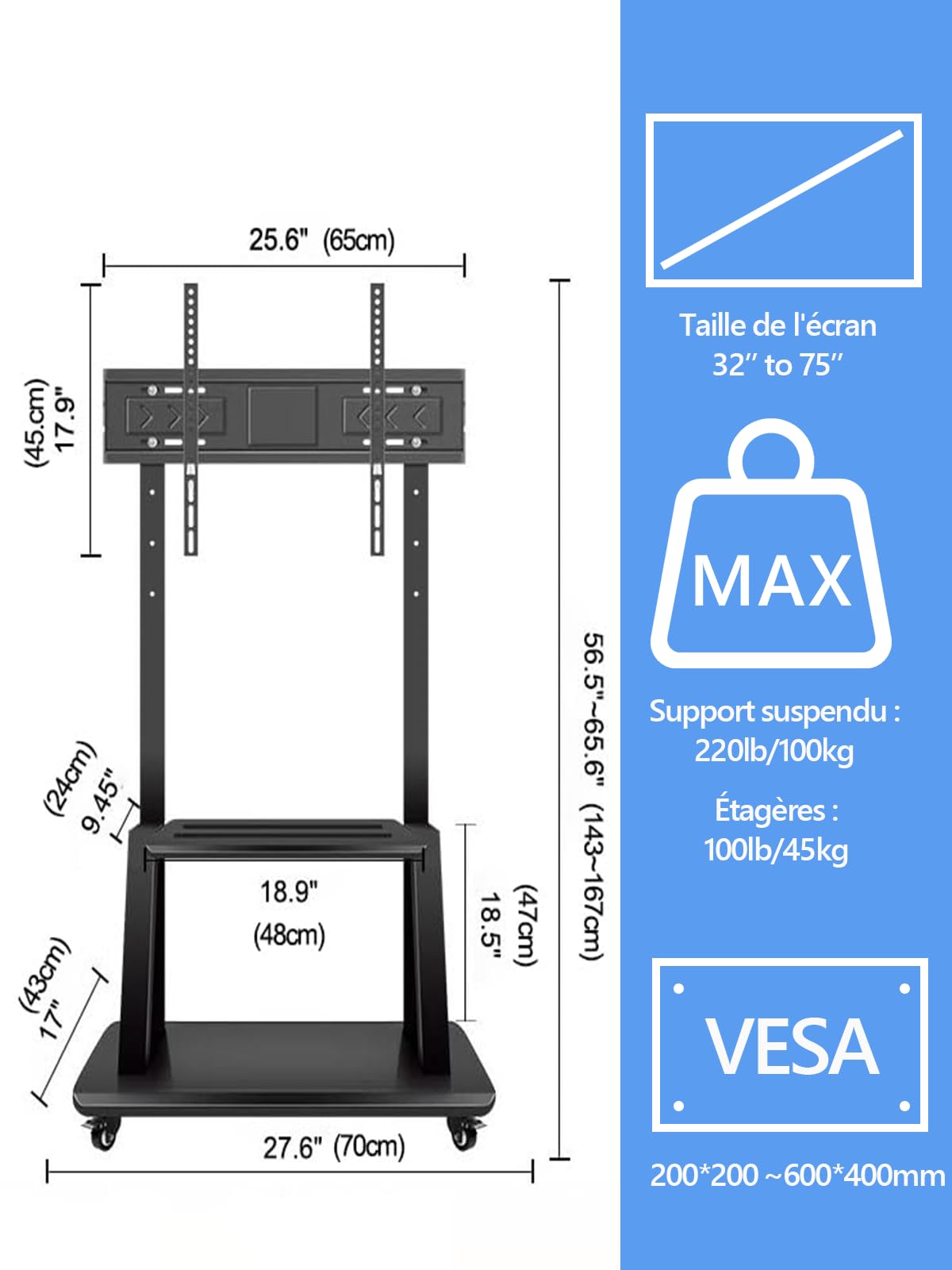 Hellsehen Support TV mobile, chariot TV roulant sur roulettes réglable en hauteur, support de sol robuste pour écrans plats LCD LED OLED de 32 à 190,5 cm, tableau intelligent mobile, capacité jusqu'à