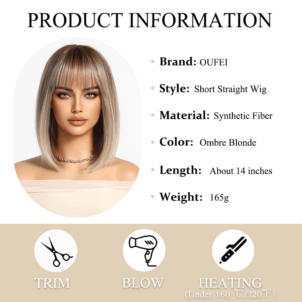 Ombre blond peruka damska krótka bob, prosta peruka syntetyczna dla kobiet, 100% japońskie włókna Kanekalon, na co dzień, imprezę, Halloween