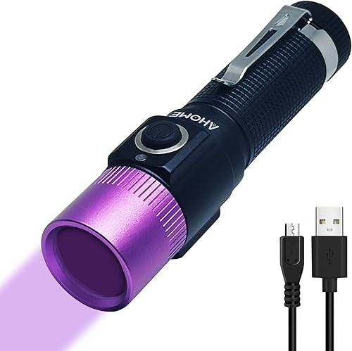 AHOME V10S - Linterna de luz negra UV de 365 nm cabeza morada y recargable por USB lámpara LED ultravioleta de luz negra, buscador de escorpiones y