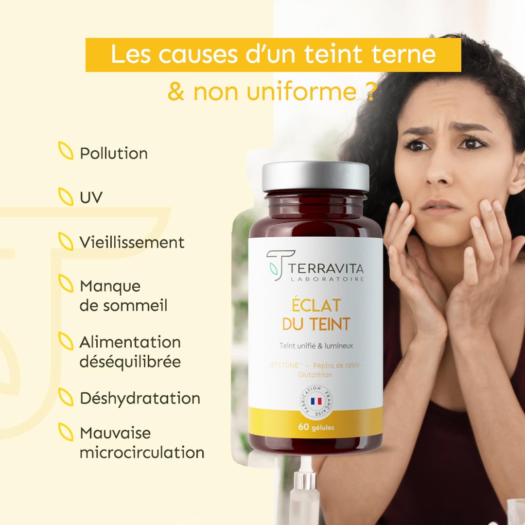 Eclat du Teint | Pépins de Raisin OPC + Extrait de Myrtille SEPITONE + Vitamine C + Glutathion Réduit | Peau Éclatante et Unifiée | Action Antioxydante | 60 Gélules Vegan | Made in France | Terravita
