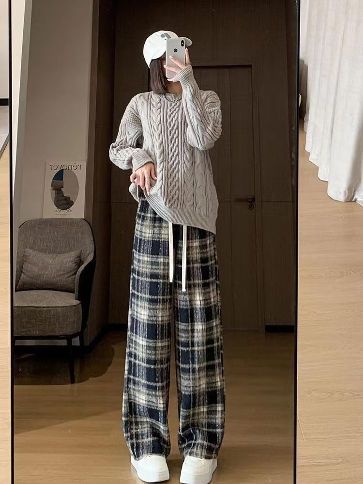 Womens Casual Plaid Baggy Pants High Waisted Drawstring Goth Grunge Pants Y2K Clothes Alt Emo Streetwear4
