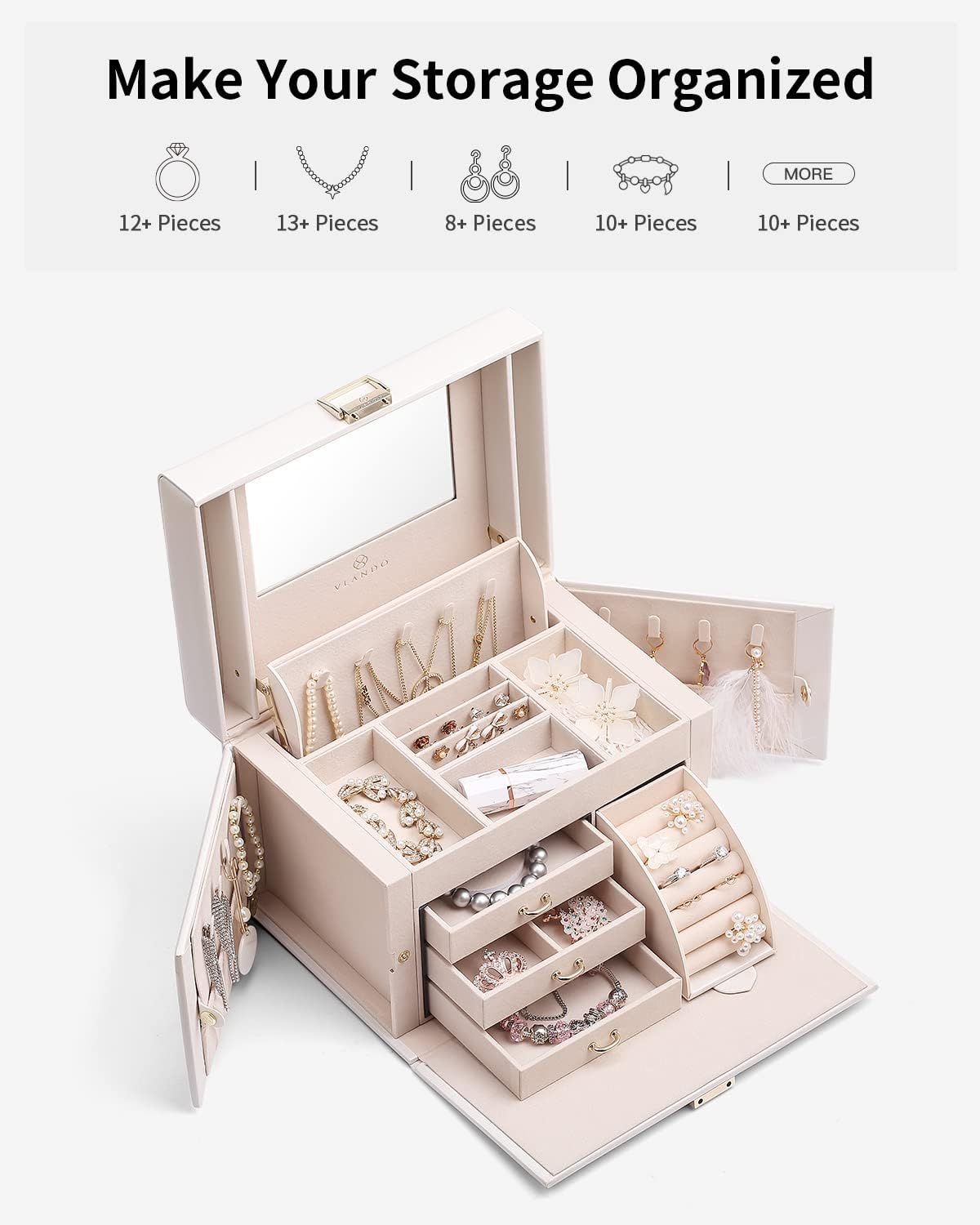Vlando Jewelry Box Organizer for Girls Women, Large Vintage Jewelry Storage Box with Mirror, Drawers for Bracelets, Earrings, Rings, Necklaces, Mothers Day Gifts for Loved One, White, Regular