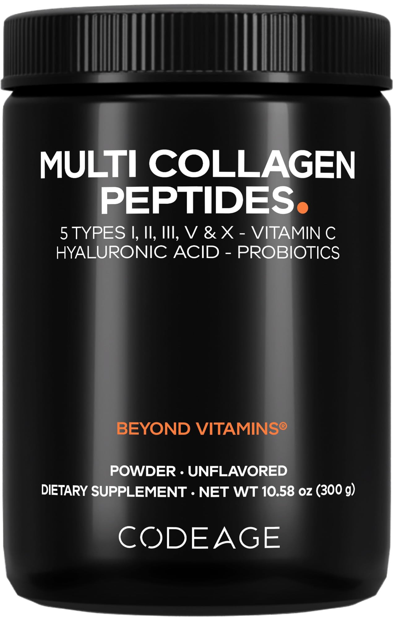 Codeage Multi Collagen Peptides Powder + Probiotics Black Edition, Vitamin C, Hyaluronic Acid Powder Supplement, Grass-Fed, Hydrolyzed, Zero Carbs, Type I, II, III, V & X, Unflavored, 10.58oz