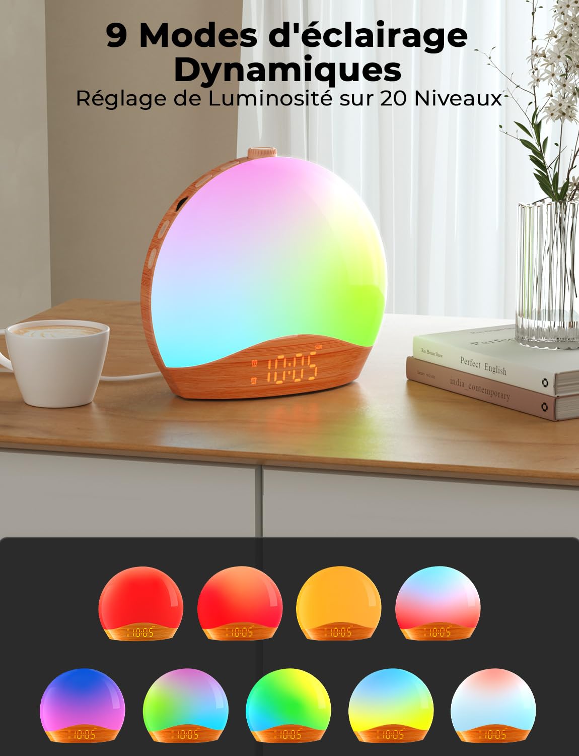 LIORQUE Radio Réveil Lumineux avec Eveil Lumière, Reveil Simulateur d'Aube sur Lampe de Chevet LED, Fonction Bluetooth, 20 Niveaux de Luminosité, 22 Sons, 2 Alarmes, Mode Week-End