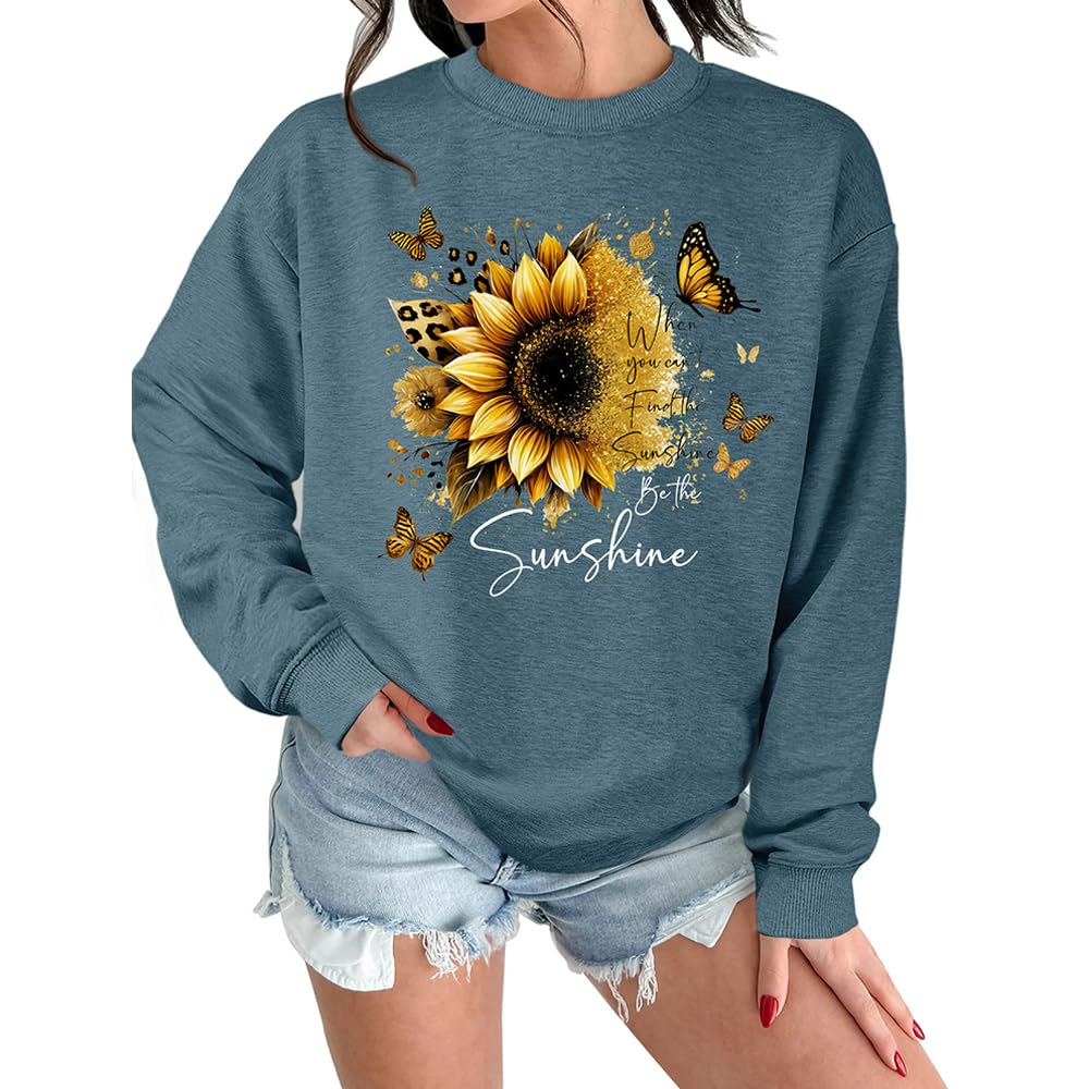 MLZHAN When You Can't Find Sunshine Bethe Sunshine Sweatshirt Women Cute Sunflower Butterfly Graphic Long Sleeve Shirt Tops (Blue 2,M)