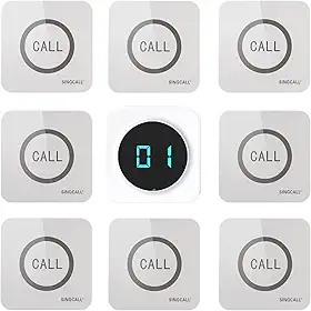 SINGCALL Sistema de pager de restaurante, sistema de chamada de garçom, pagers e bipes para cozinha, fast food, hotel, restaurantes, café, bar para chamar garçons, 8 botões de chamada sem fio à prova