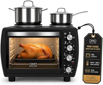 DMD Collective - 35L Oven with Hob, Mini Oven, Table Top Cooker | 100 250 C Temperature Control, Dual Hot Plates, 120-Minute Timer, Wire Rack, Baking Tray, Rotisserie Fork