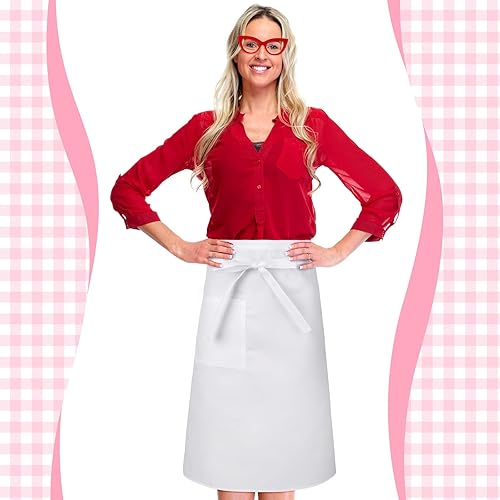 Miniatura 4 de SATINIOR Delantal blanco de medio bistró con lentes de sol para disfraz, delantal blanco con lentes rojos, ojo de gato, lentes nerd, marco de gafas