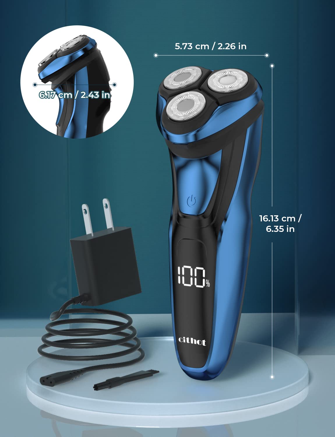 Maquinilla de Afeitar Hombre de acero inoxidable impermeable IPX 7, Afeitadora Eléctrica Inalámbrica Recargable para hombre, Afeitado en seco y húmedo, Recortador de barba con pantalla LCD,Azul