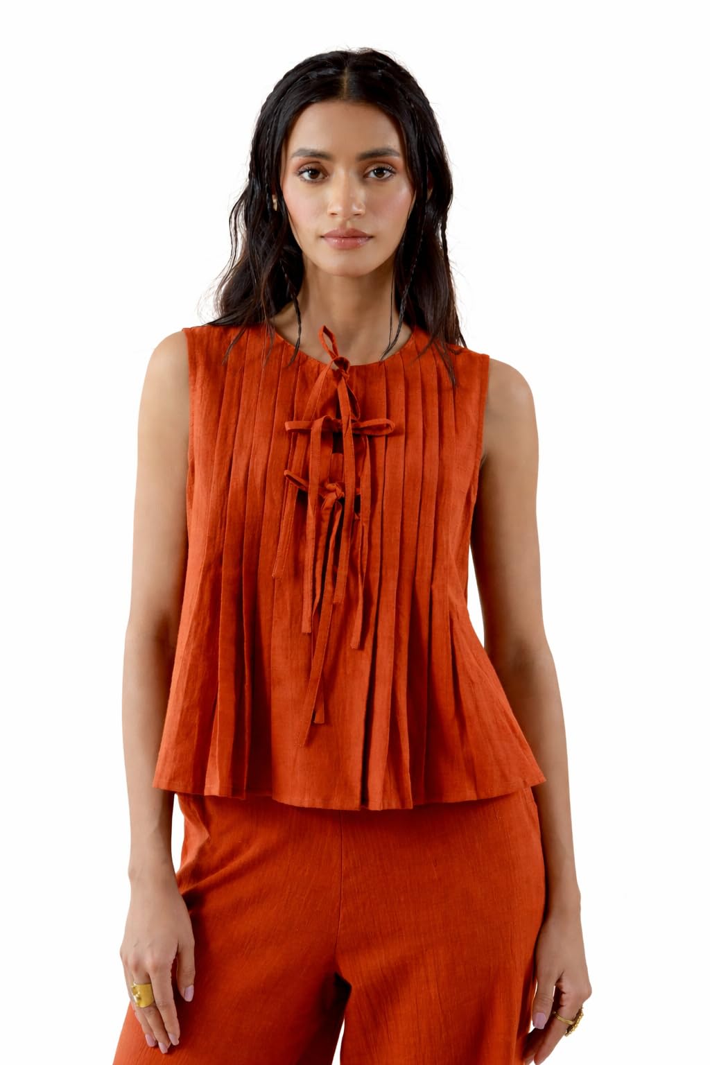 fiorra Women’s Rust Solid Linen Pleated Sleeveless Top-picture-31