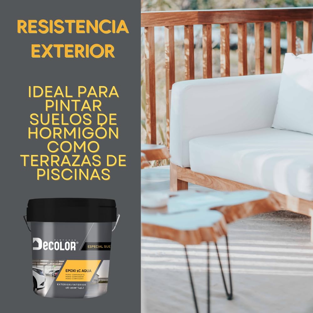 Pintura de Resina Epoxi Monocomponente Al Agua. Protege y Decora Suelos de Hormigón, Garajes, Terrazas, Pistas Deportivas. Exterior/Interior. 15 Litros GRIS LUMINOSO RAL 7035