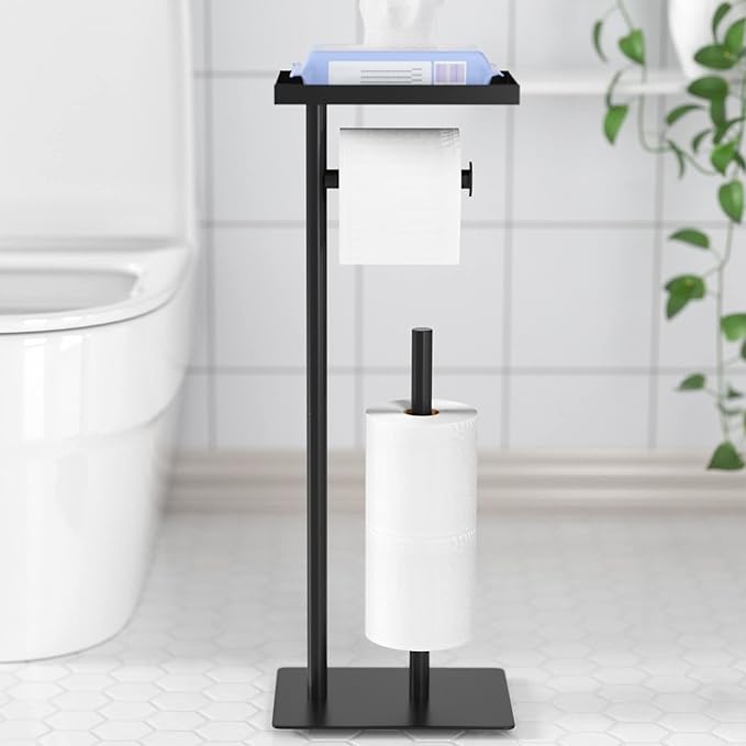Toilet Paper Holder Stand with Top Storage Shelf, Black Toilet Paper
