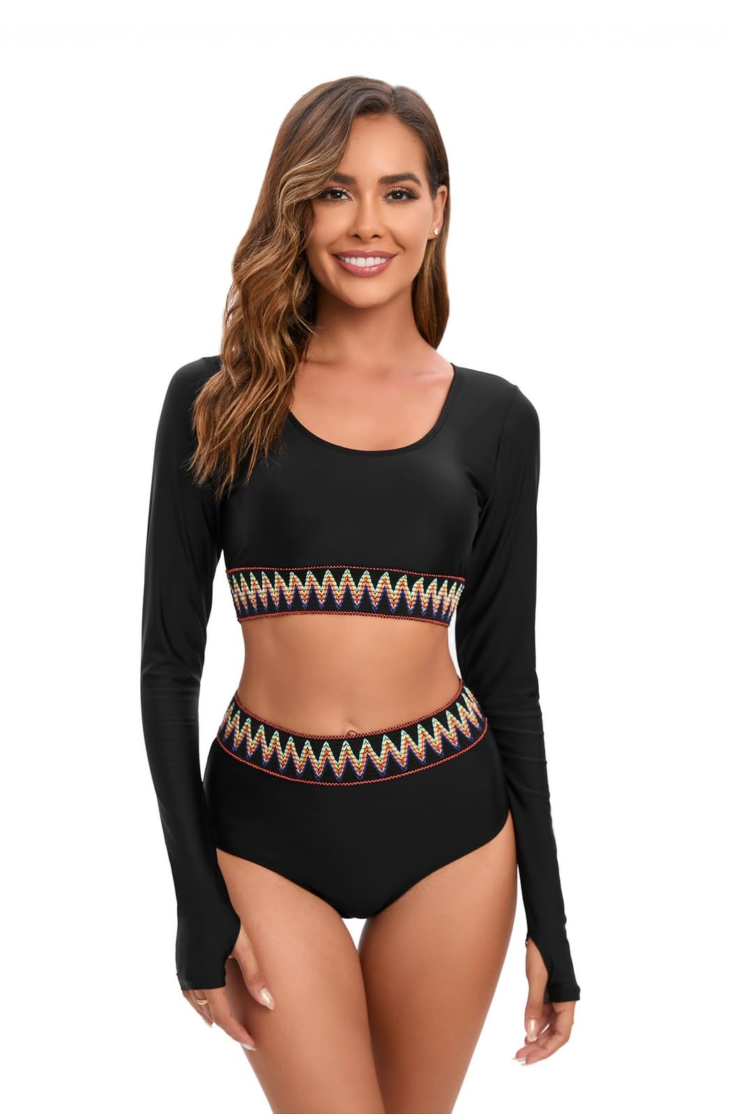 GenericWomen's Long Sleeve Two Piece Cropped Swimsuit Rash Guard UPF 50+ High Waisted Surfing Bathing Suit Bikini