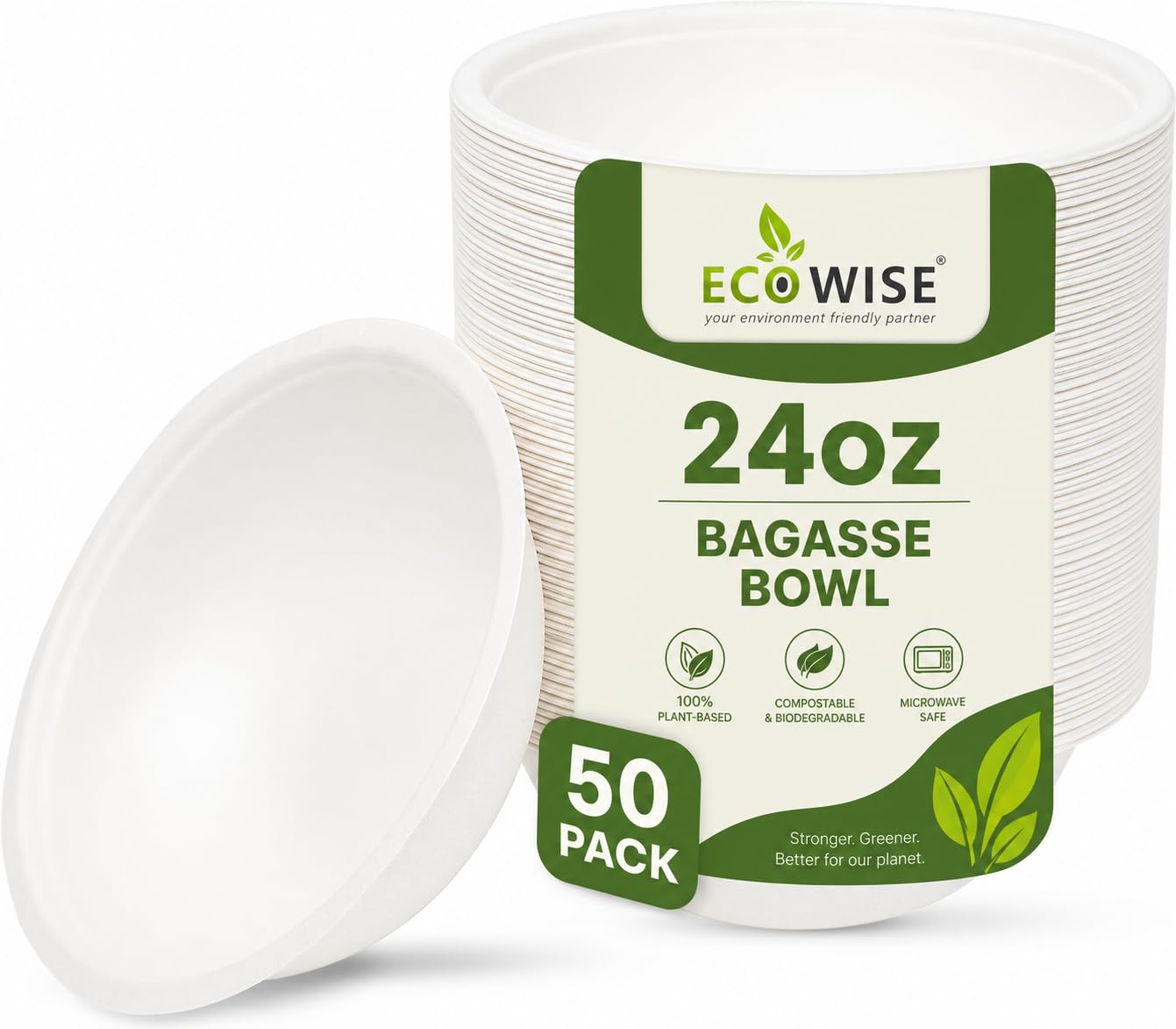 EcoWise Disposable Bagasse Bowls - 24 Oz/750 ml, Eco Friendly Biodegradable Compostable Sturdy Sugarcane Paper Bowls, Hot & Cold Uses for Soup, Salad, Milk, Cereals, Restaurants BBQ Party (Pack of 50)