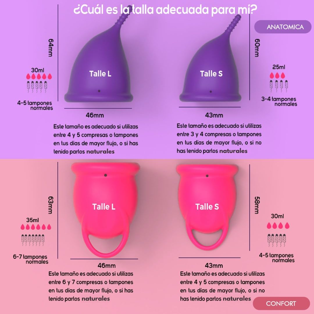 Copa menstrual BE INFINIT un modelo para cada estilo-tus días relajados-tus días de exigencias, Ideal deportistas-2 copas+vaso esterilizador+bolsa portable-2 modelos-SILICONA GRADO MEDICO-CONFORT S